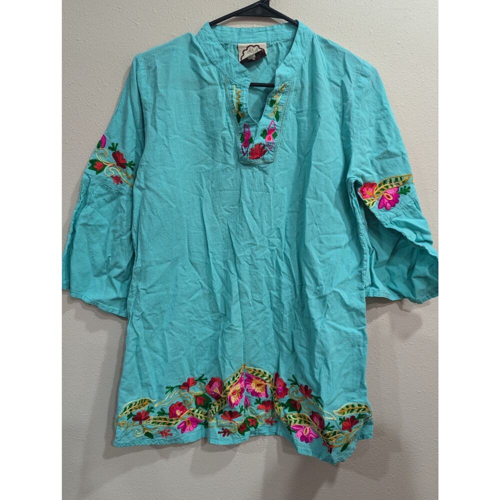 Women's turquoise floral embroidered tunic blouse by A & A Clothing Inc, M